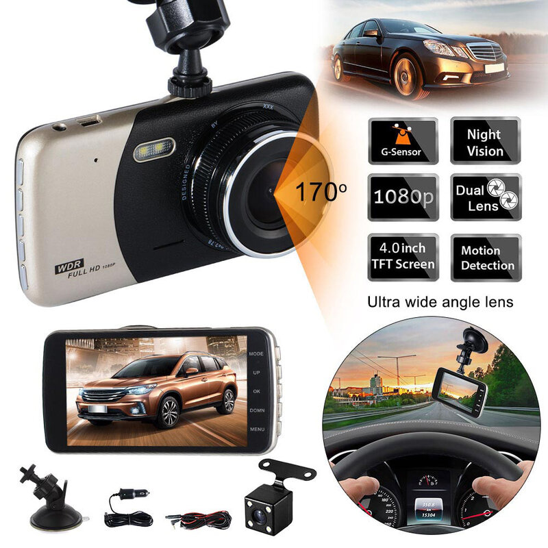 جهاز تسجيل فيديو رقمي للسيارات 4.0 "IPS سيارة بعدسة مزدوجة كاميرا السيارات DVR كاميرا كاملة HD 1080p كاميرا سباق بالرؤية الليلية وقوف السيارات مسجل فيديو مسجل