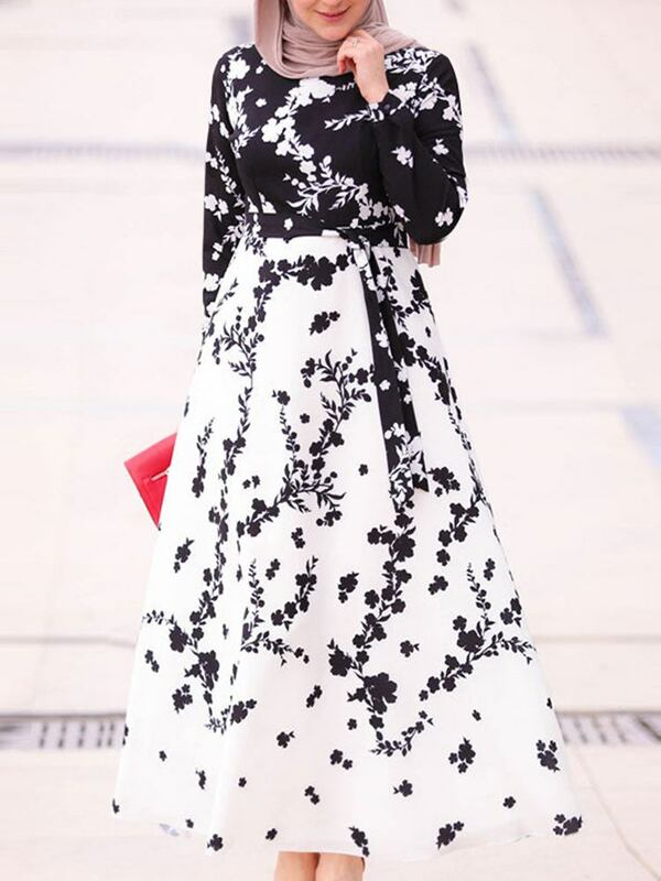 موضة المرأة المسلمة الأزهار المطبوعة ماكسي فستان طويل ZANZEA الربيع أنيقة طويلة الأكمام عباية الحجاب فستان دبي الملابس الإسلامية #1