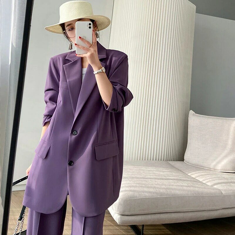 2021 Spring Women's Purple Suit Jacket New Korean Version Fashion Slim Temperament Long-Sleeved Two-Piece Suit