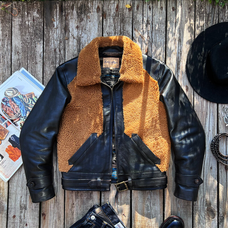 Tailor Brando Lamb Hair Patchwork Tea Core Horse Leather Brown Bear Jacket American Style Retro Thickened Leather Jacket