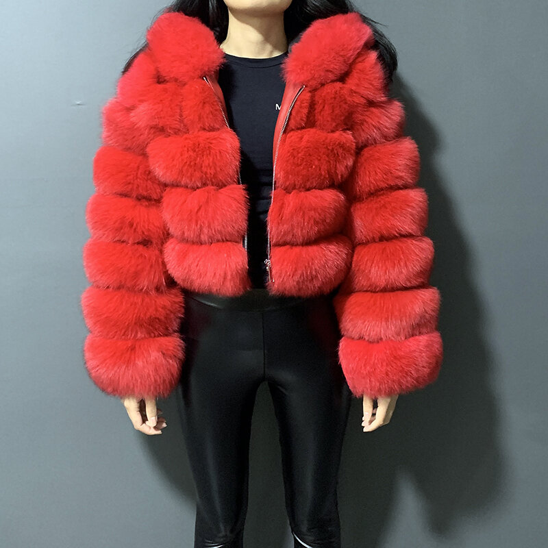 موضة قصيرة نمط المرأة ريال فوكس معطف الفرو مع هود الشتاء اقتصاص الفراء الطبيعي سترة طويلة الأكمام