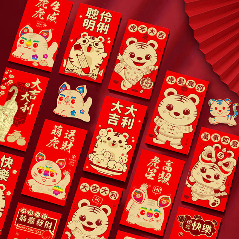 6 قطعة مهرجان الربيع الصيني هونغباو المغلف الأحمر للأموال محظوظ 2022 النمر السنة الجديدة هدية عبوة حمراء حقيبة المال