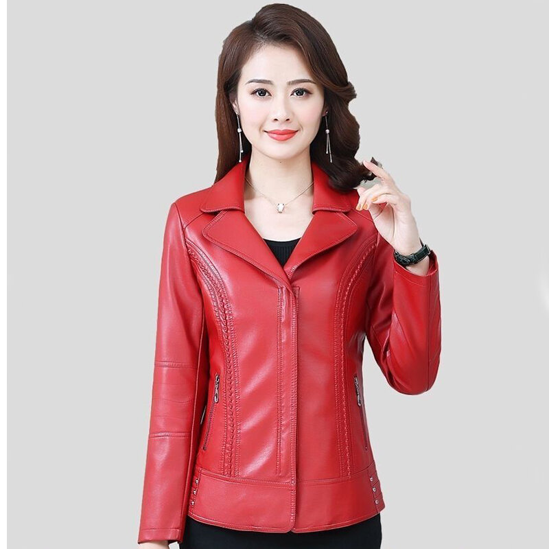 Turn-Down Collar Leather Jackets Women Rivet Slim Fashion Coat L-6XL Fashion Clothing Jaqueta Feminina Black Red Purple YTNMYOP