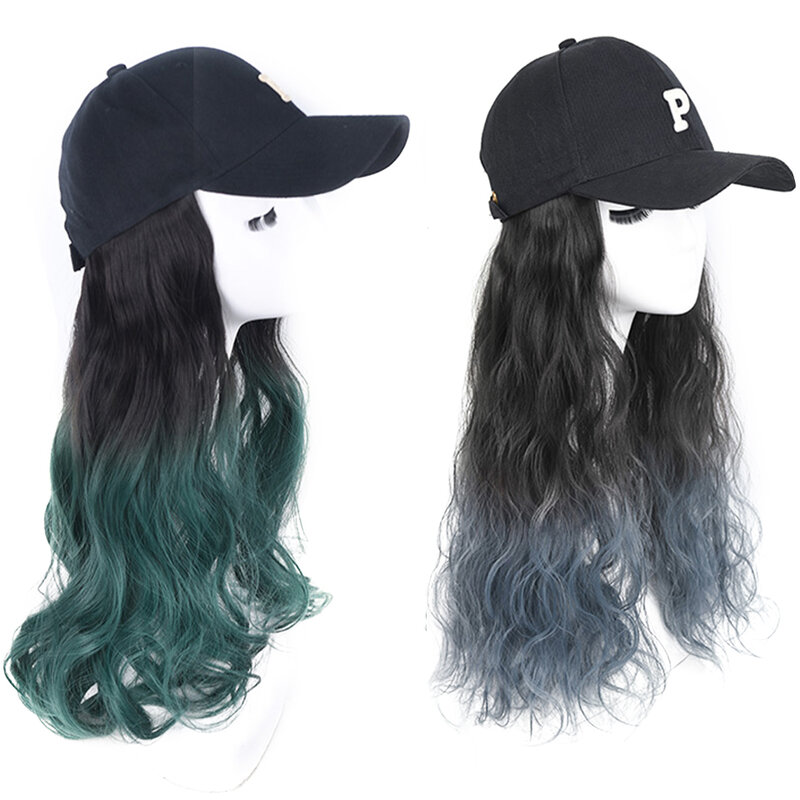 SEEANO طويل الاصطناعية رقيق متموج الأزرق الأخضر شعر مستعار مع الوردي أسود أبيض قبعة بيسبول للنساء قابل للتعديل قبعة شعر مستعار