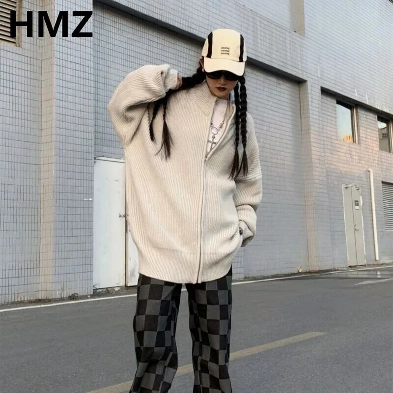 HMZ سترة صوفية كبيرة الحجم جديدة الكورية Harajuku بلون سترة البلوز الهيب هوب الشارع الشهير ملابس فضفاضة تريكو