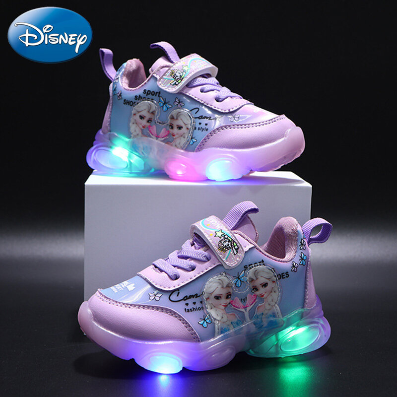 ديزني الكرتون المجمدة إلسا الأطفال مضيئة أحذية ماركة أحذية رياضية LED وامض أحذية للبنات طفل حذاء كاجوال