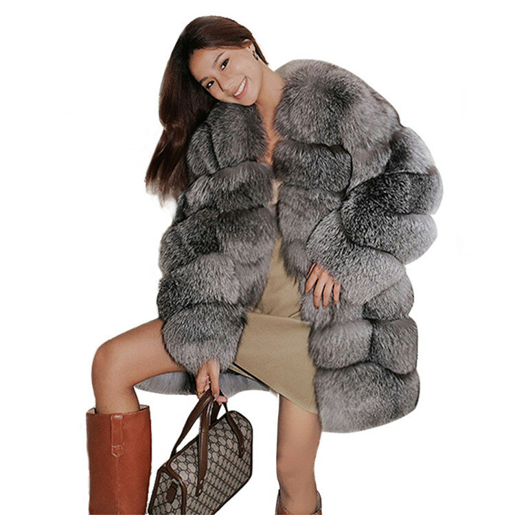 جلد كامل الثعلب الفراء معطف المرأة منتصف طول الكورية نمط ضئيلة معطف الشتاء سترة الموضة معطف دافئ الطبيعية الثعلب الفراء سترة