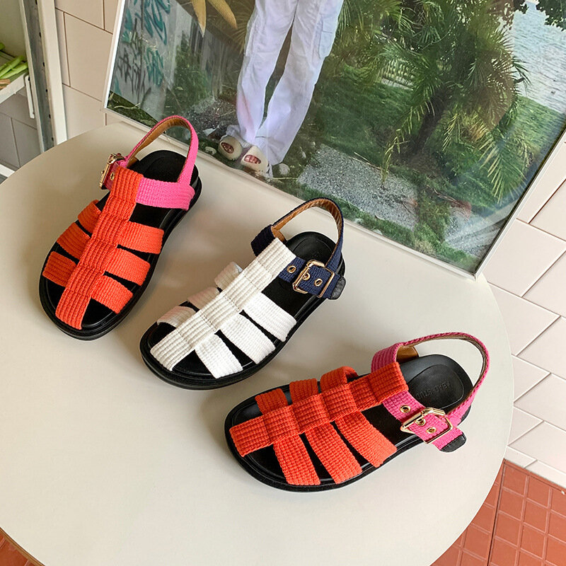 فاخر مصمم أحذية نسائية ريترو البرية نسج شقة الصيف 2022 الجديد باوتو روما اللون مطابقة باوتو صياد الأحذية