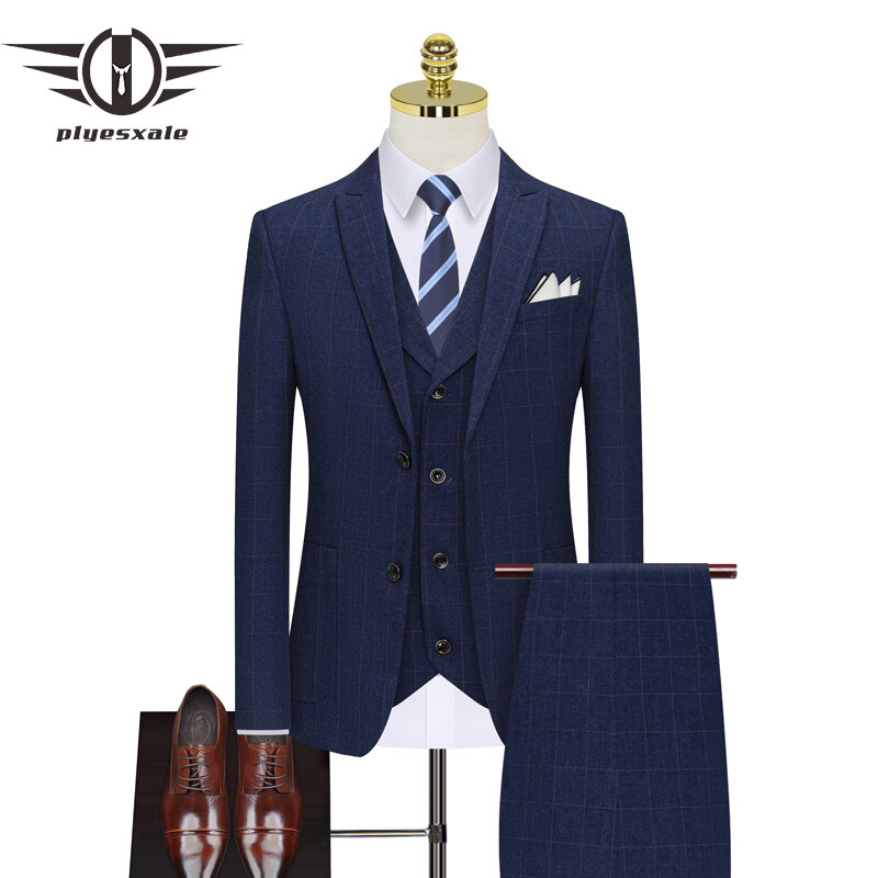 Plyesxale Korean Fashion Blue Plaid Suits For Men Slim Fit Mens Suits 3 Piece Wedding 2022 Elegant Business Dress Suit Male Q970 #1