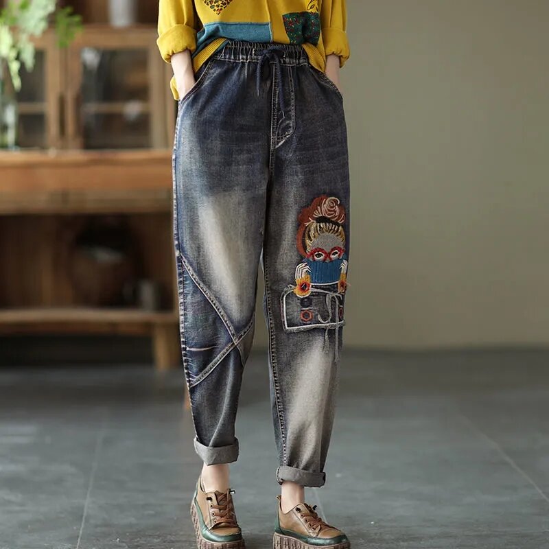 سروال جينز عالي الخصر مطرز بمقاسات كبيرة 5XL سروال جينز ربيعي فضفاض غير رسمي من قماش الدنيم ملابس غير رسمية موضة كورية جديد Vaqueros