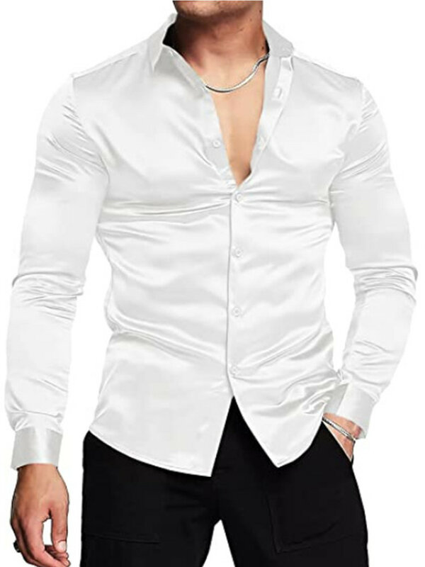 فاسق نمط الرجال قميص الحرير الحرير السلس 2022 الرجال الصلبة سهرة قميص رسمي للأعمال الرجال عادية سليم صالح الزفاف فستان قمصان