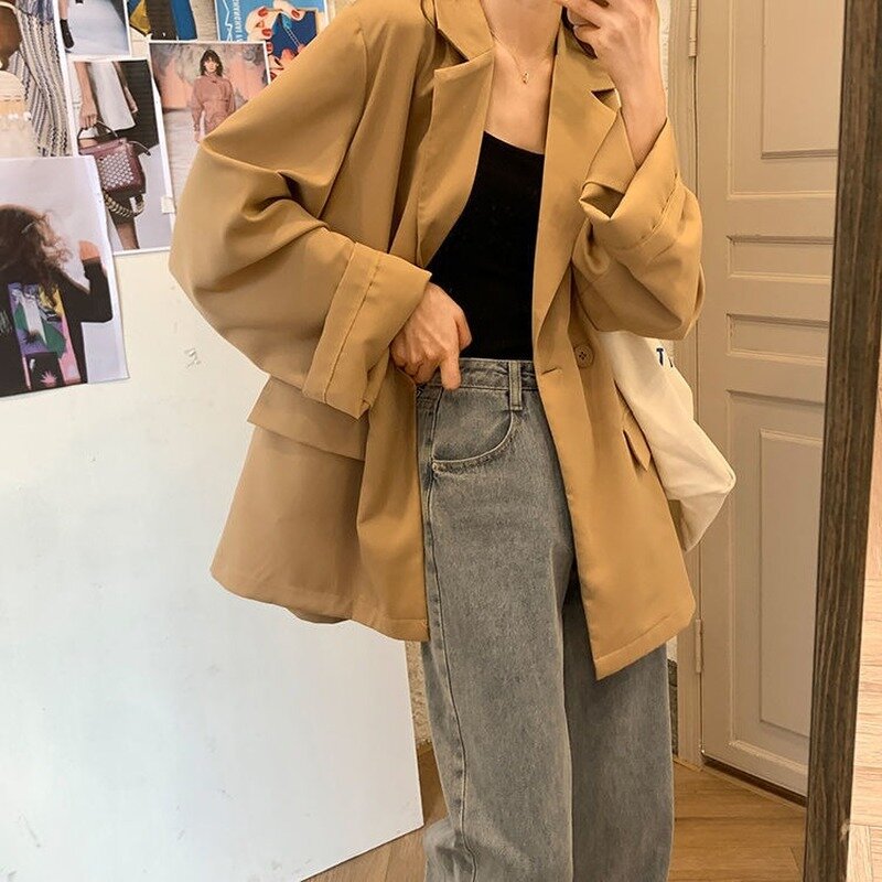 Korean Mid Length Loose Blazers Women Single Button Solid Colors Drape Breathable Suit 2021 New Spring Autumn Fashion Blazers