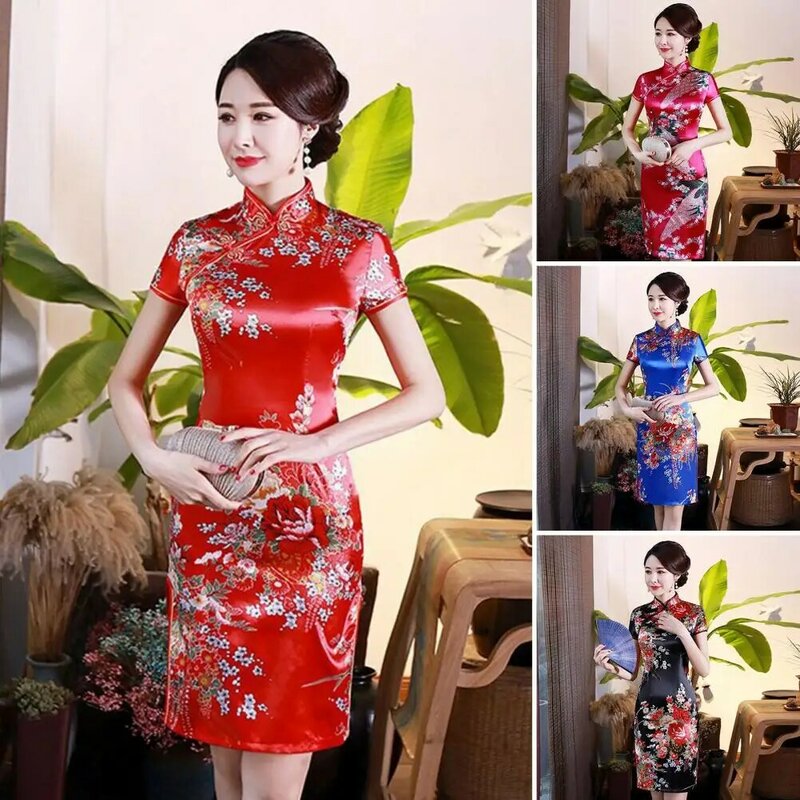 أنيقة تشيباو رائع الجانب انقسام الجلد اللمس Vintage زهرة طباعة النمط الصيني شيونغسام الإناث الملابس