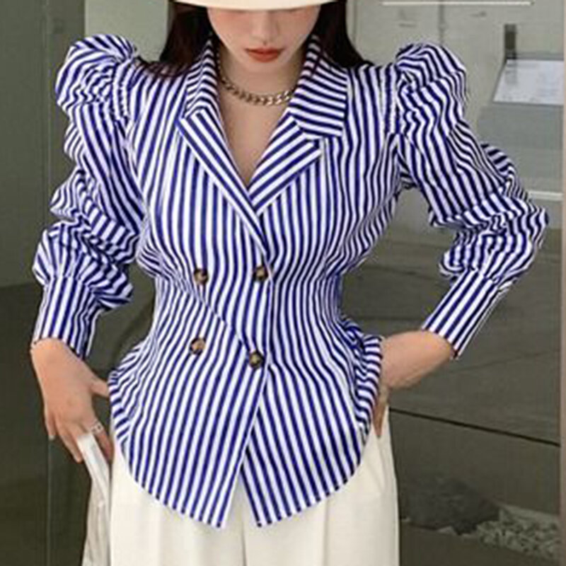 Striped shirt women's design spring 2022 new design waist striped suit shirt  blouse women High Street Button women-blouses