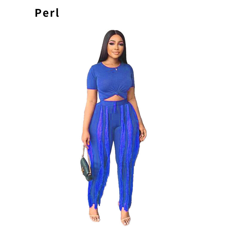 Perl Tassel Two Piece Sets Women Outfit T-shirt+pants Suit Zevity Female Streetwear Matching Tracksuit Bodycon Women Set 2022
