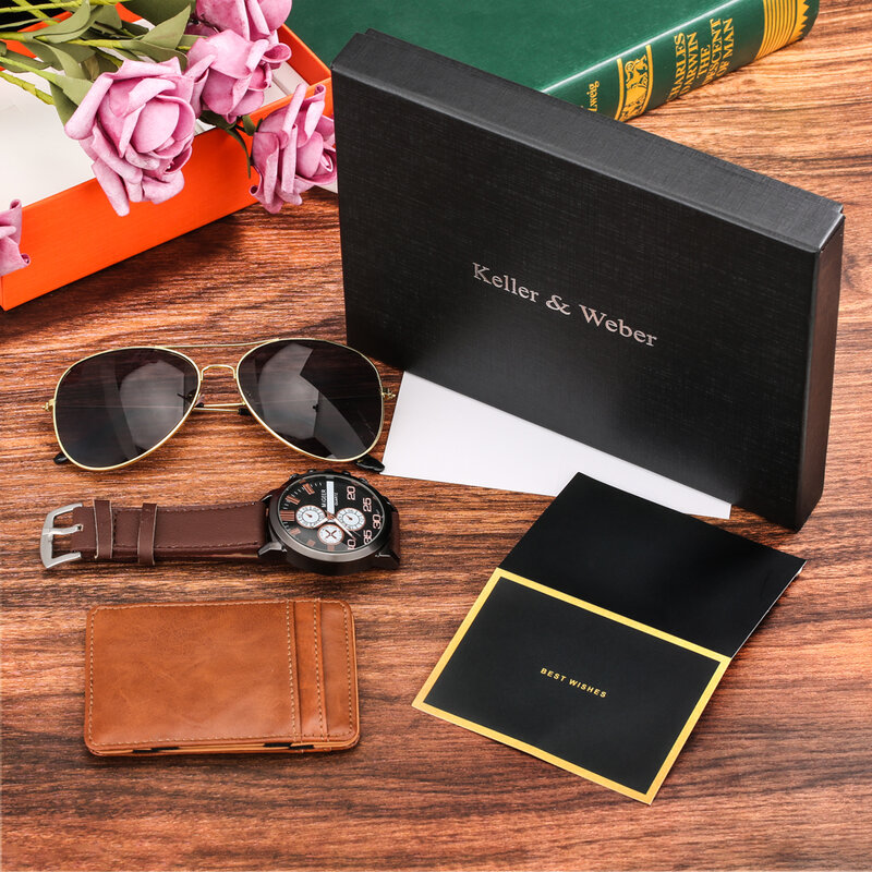 موضة ساعة رجالي مجموعة الكلاسيكية محفظة النظارات الشمسية الأعمال الترفيه كوارتز ساعة اليد علبة هدايا رائعة عيد ميلاد لصديقها