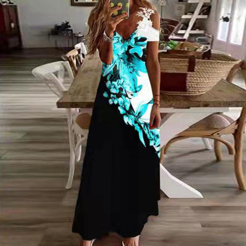 فستان ماكسي نسائي مطبوع عليه زهور من الدانتيل بتصميم بوهو فستان طويل بفتحة رقبة على شكل v مناسب لحفلات الشاطئ والشاطئ #3