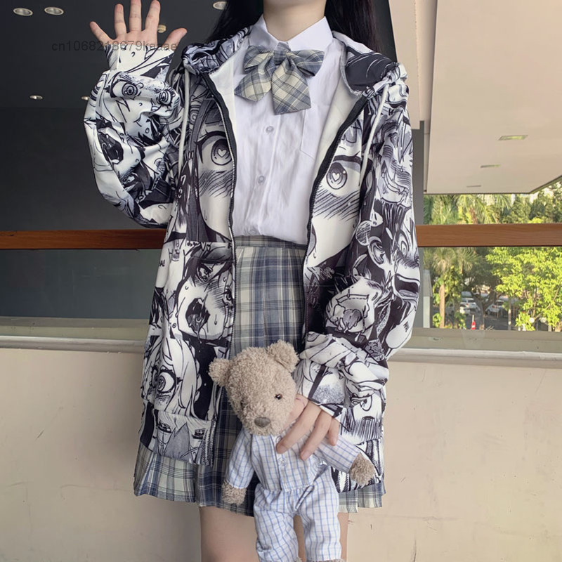 معطف نسائي ضيق بأكمام طويلة بغطاء للرأس من أنيمي هاراجوكو معطف نسائي ياباني برسم كرتوني Y2k ملابس جمالية كارديجان وبلوزات