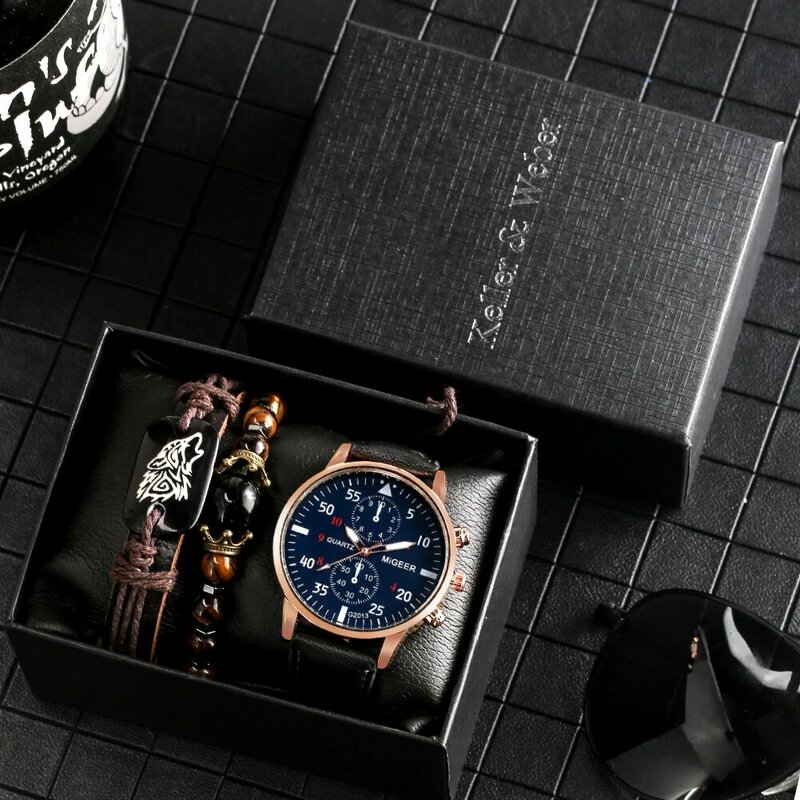 جديد 3 قطعة ساعة رجالي مجموعة شخصية سوار خمر الأزرق الطلب الكبير الترفيه كوارتز ساعة اليد هدية عيد ميلاد صندوق للزوج #2