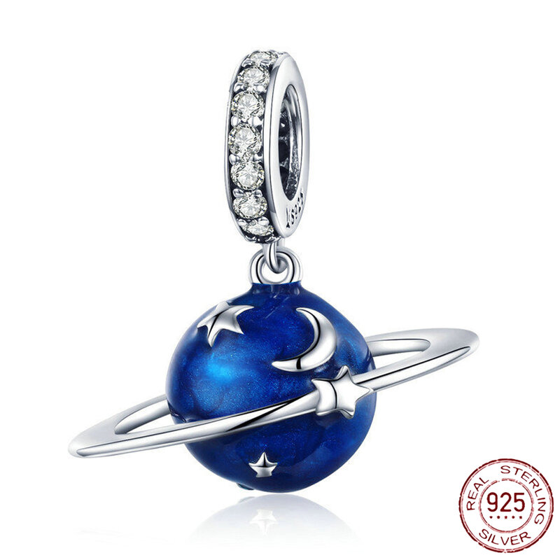 925 فضة الأزرق سلسلة القمر الطائرة الفضاء سلسلة الزجاج الخرز كليب Charm صالح الأصلي باندورا سوار الإسورة مجوهرات هدية