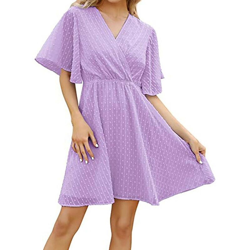 فستان صيفي للسيدات برقبة على شكل V وأكمام قصيرة لشد الخصر مريح وأكمام مضيئة لون سادة فستان موضة نسائي #5