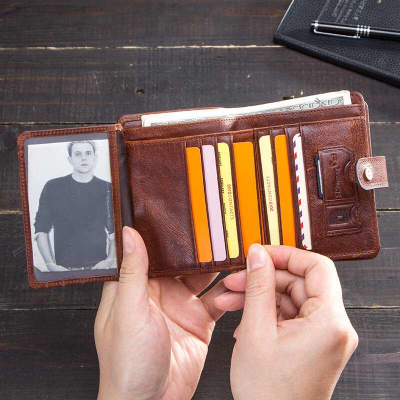 CONTACT'S جلد طبيعي محافظ للرجال قصيرة ثلاثية أضعاف محفظة رجالية عادية فاخرة العلامة التجارية البريدي محفظة للعملة حاملي بطاقة المال كليب #6