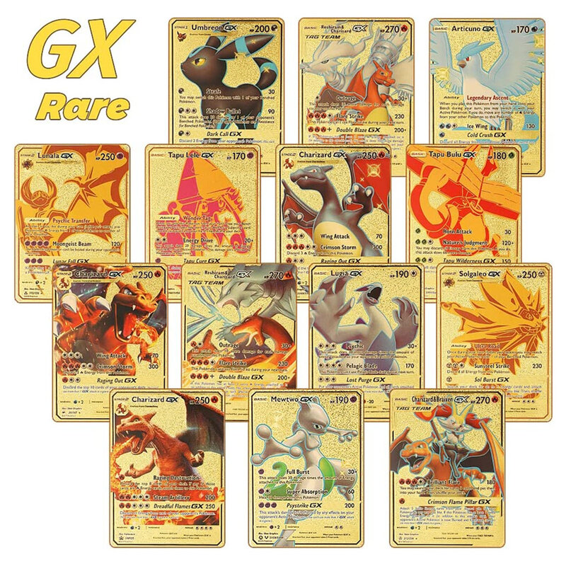 بطاقة البوكيمون الذهب الأسود الفضة الإنجليزية الفرنسية الإسبانية الألمانية بطاقات Vmax GX Charizard أنيمي جمع لعبة هدايا عيد