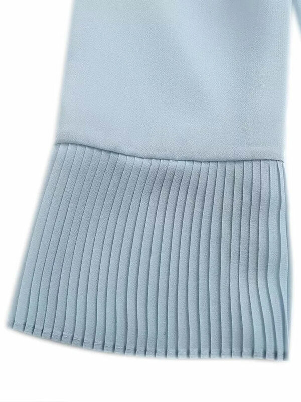 TRAF 2023 بلوزة زرقاء عتيقة للنساء قمصان فضفاضة بأكمام طويلة وكشكشة بلوزة عصرية قطع علوية بمزاجية F48 #6