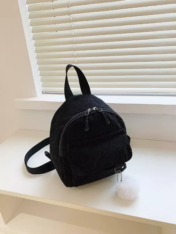 Mini Solid Corduroy Backpack With Bag Charm