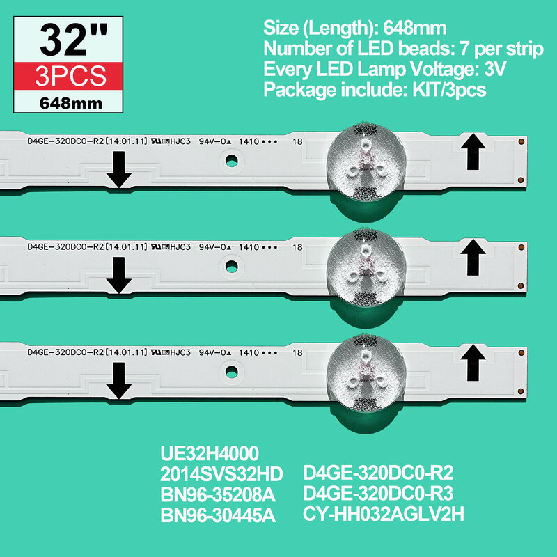 جديد الأصلي عدة 3 قطعة 7LED 650 مللي متر LED الخلفية قطاع لسامسونج UE32H4000 D4GE-320DC0-R3 2014SVS32HD 3228 BN96-35208A 30448A