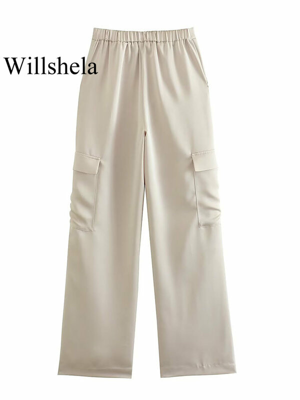 Willshela النساء الموضة مع جيوب البيج الجبهة زيبر واسعة الساق السراويل خمر عالية الخصر الإناث شيك سيدة بنطلون #2