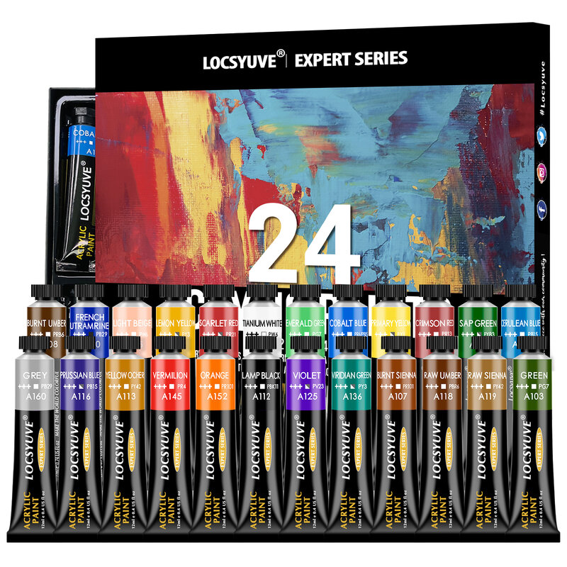 Locsyuve طلاء أكريليك 12/24 لون 12 مللي مجموعة ألوان الطلاء الإكريليكية ، الطلاء للنسيج والملابس والرسم ، أصباغ غنية للفنانين