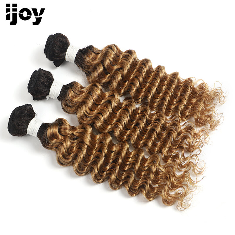 Deep Wave Human Hair Bundles With Closure IJOY Ombre Blonde Colored Hair Weave Bundles With Closure 13x4 Non-Remy Hair Extension