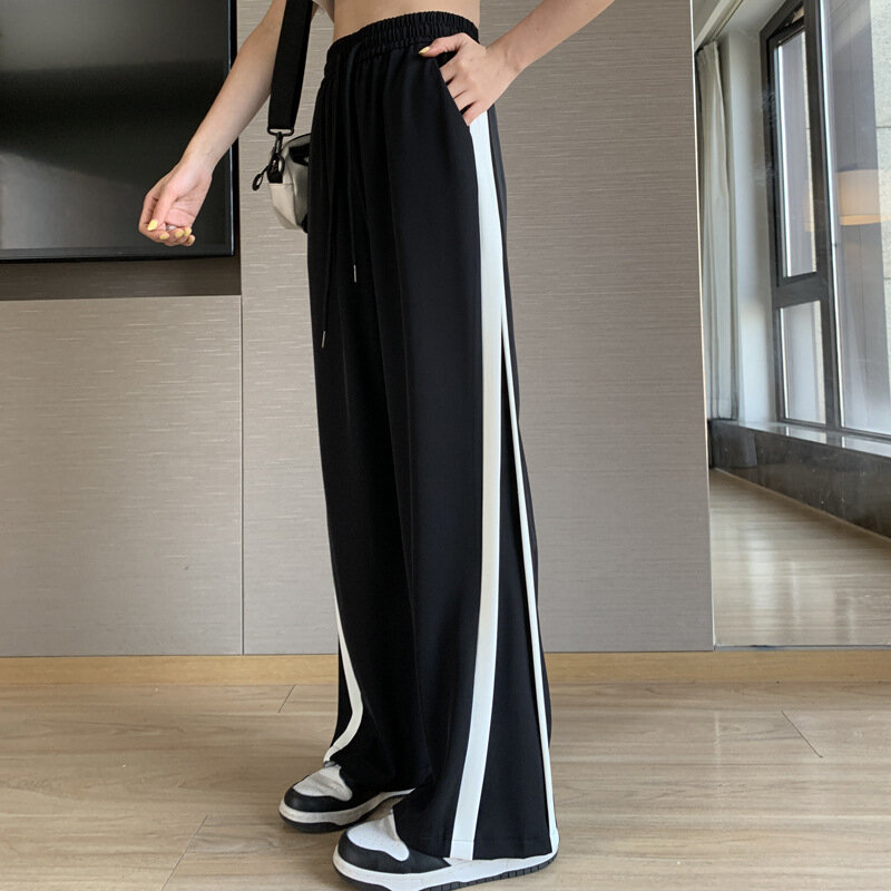 CCI خمر سراويل تقليدية المرأة مرونة الخصر فضفاض الكورية Harajuku مستقيم Y2K بنطلون الخريف الأسود بنطال ذو قصة أرجل واسعة YJ016P