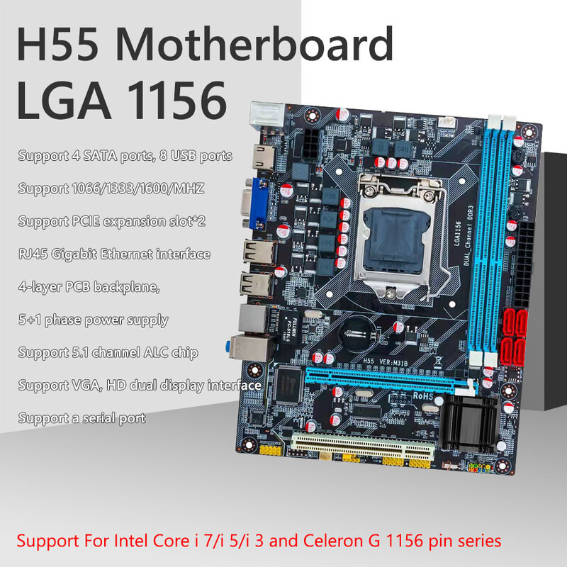 ل LGA 1156/i3/i5/i7 كمبيوتر مكتبي H55 اللوحة SATA USB2.0 DDR3 طقم اللوحة مع يربك HDMI متوافق الألعاب