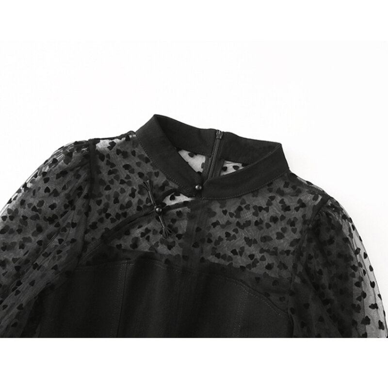 النمط الصيني فستان أسود الإناث يتدفقون الحب شبكة غرزة الصيف الفساتين للنساء نفخة قصيرة الأكمام الوقوف طوق شيونغسام