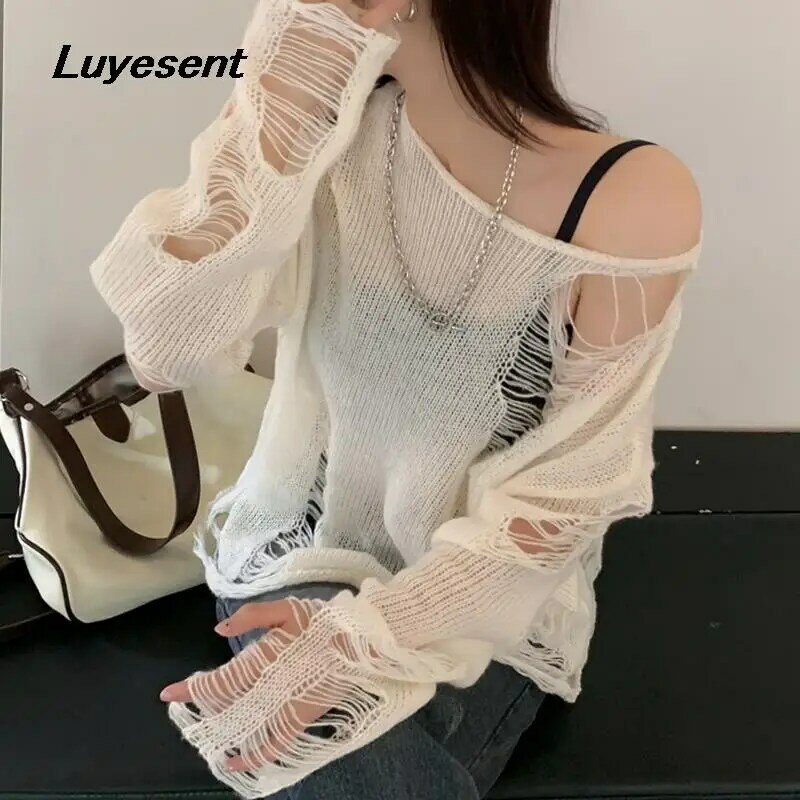 Sweet Lady Hollow Out Loose White Pullover Sweater Y2k Girl Hole Ripped Long Sleeve Casual Thin Sweaters Korean Fashion Clothes #4