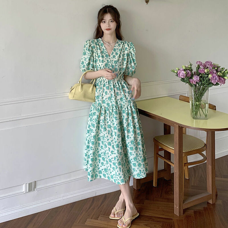 الكورية Vintage زهرة المرأة الشيفون فستان الحفلات الملابس عالية طويلة فانوس كم الكاحل طول الوردي طباعة فساتين الشاطئ عادية