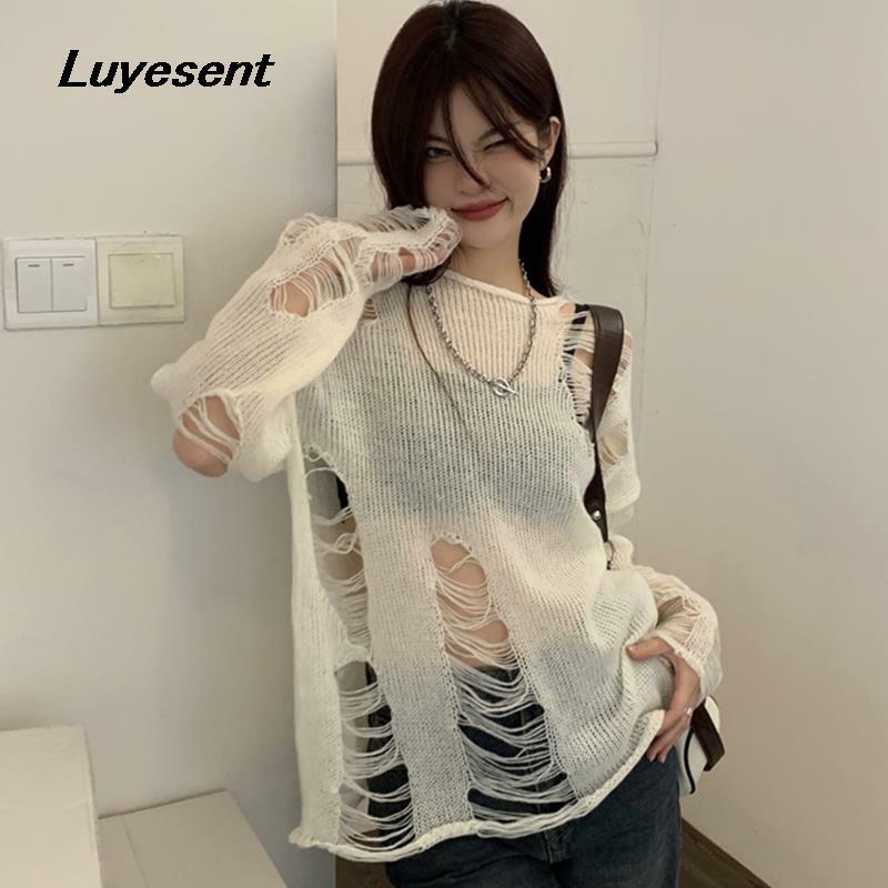 Sweet Lady Hollow Out Loose White Pullover Sweater Y2k Girl Hole Ripped Long Sleeve Casual Thin Sweaters Korean Fashion Clothes #3