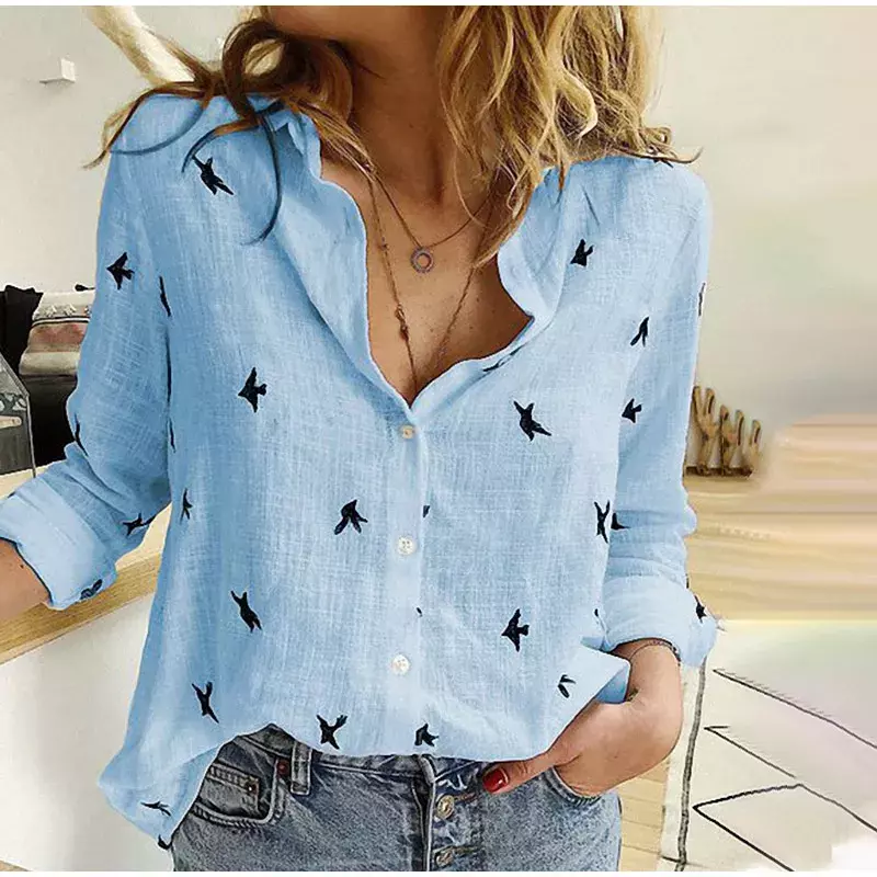 Women's Birds Print Shirts 35% Cotton Long Sleeve Female Tops Spring Summer Loose Casual Office Ladies Shirt Plus Size 5XL