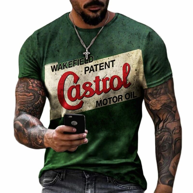 Vintage Castrol T قميص للرجال ثلاثية الأبعاد النفط طباعة قصيرة الأكمام بلايز الشارع طاقم الرقبة الرجال القمصان المتضخم المحملة قميص رجل الملابس