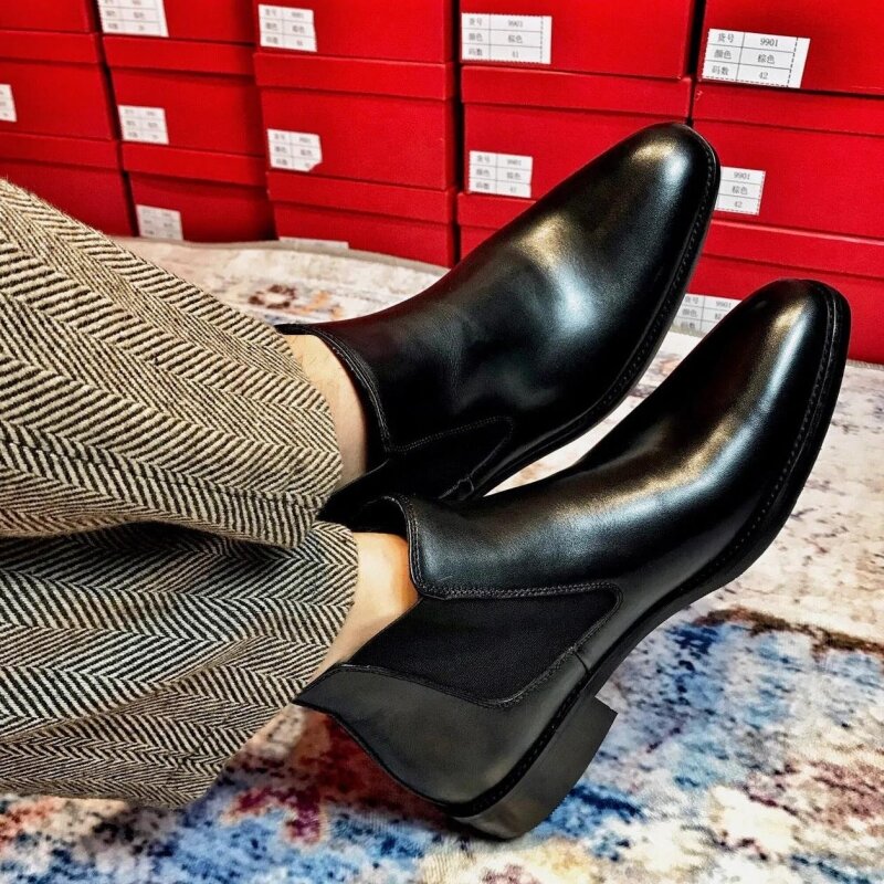 جديد جلد طبيعي براون تشيلسي الأحذية للرجال الأسود ساحة تو رجال الأعمال أحذية بوت قصيرة شحن مجاني انقسام الجلود الرجال الأحذية #1