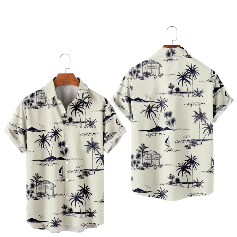 موضة رجالي هاواي قميص المرأة عادية الملونة شجرة جوز الهند المطبوعة قمصان الشاطئ قصيرة الأكمام الاطفال تيز للجنسين بلايز #1