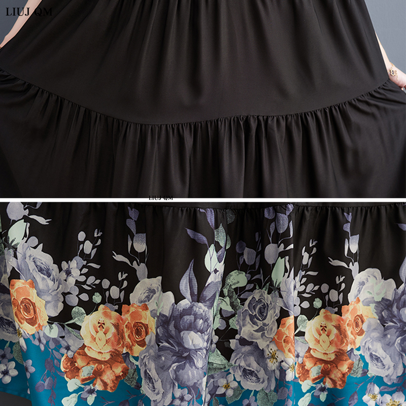 المتضخم المرقعة فضفاض فستان زهري الصيف امرأة عادية كوريا السيدات مطوي فساتين 2022 شيك جديد أسود طويل حجم كبير فستان #6
