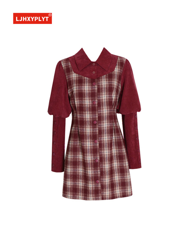 Plaid Stitching Long-sleeved Red Dress Women's Spring And Autumn New Temperament Single-breasted Straight Fake Two Skirt Female