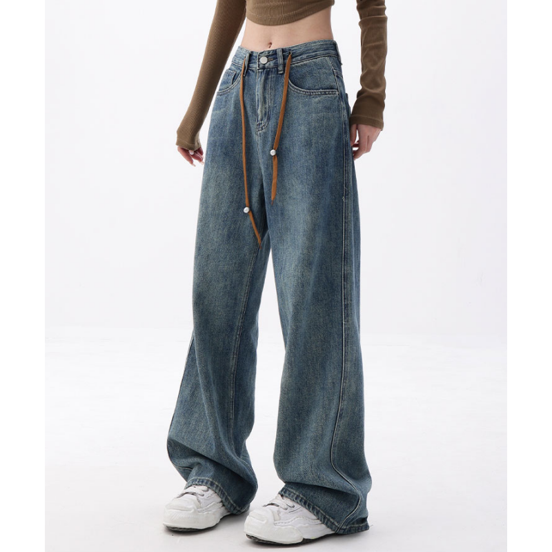 بنطلون جينز نسائي أزرق عالي الخصر متدرج أمريكي على طراز الشارع بنطلون جينز نسائي واسع الساق مستقيم فضفاض من قماش الدنيم