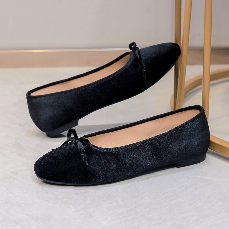 أحذية للبنات أنيقة القوس النساء المخملية السوداء موكا الكاكي راقصة الباليه-حذاء مسطح حجم 30-42