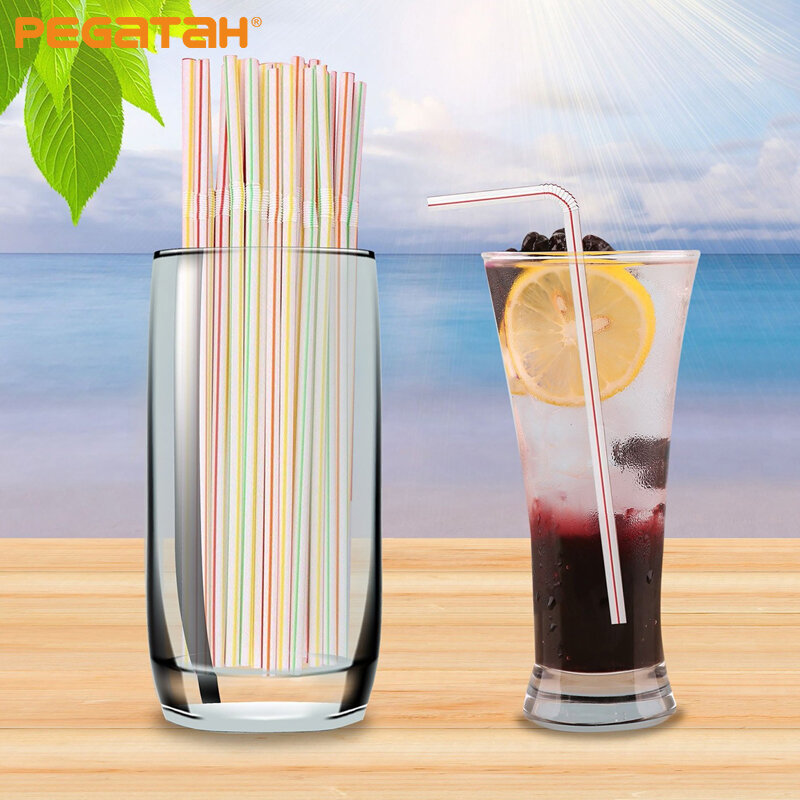 100Pcs Disposable Elbow Plastic Straws For Kitchen Utensils Bar Party Drink Accessories Striped Bendable Cocktail Straws