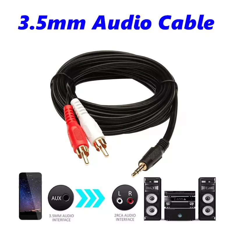3.5mm Audio Line Cable 1M Stereo Jack Male to 2 RCA Male Aux Cable For PC DVD TV VCR MP3 Speakers Laptop Video Audio Cable Cord