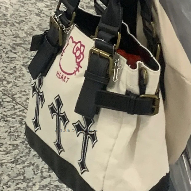 مرحبا كيتي حمل حقائب كتف المرأة خمر الجمالية Harajuku حقائب اليد لفتاة Y2k عادية سعة كبيرة قماش حقائب الظهر Y2k
